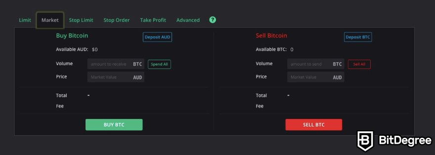 BTC Markets review: select the crypto and the amount to buy.