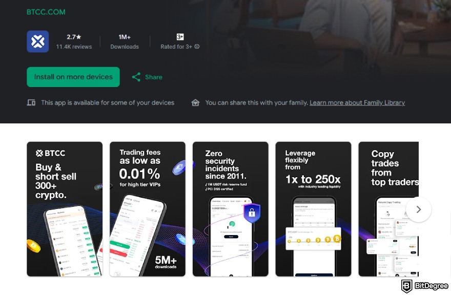 BTCC copy trading: BTCC smartphone application listing on Google Play.