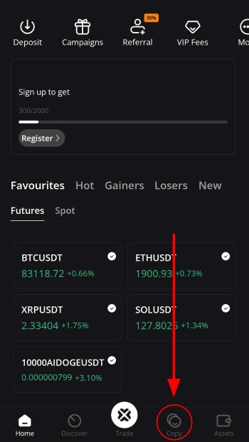 BTCC copy trading: go to the copy tab.