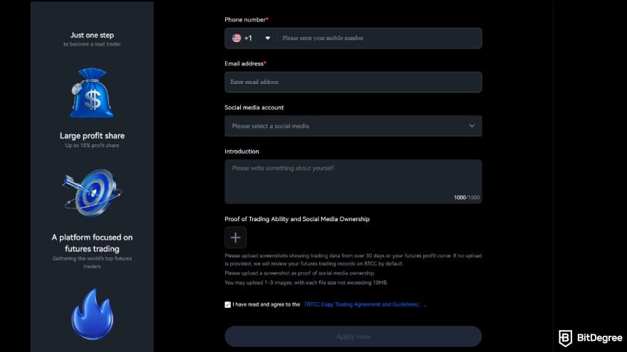BTCC copy trading: fill out the lead trader form. BTCC copy trading: fill out the lead trader form.