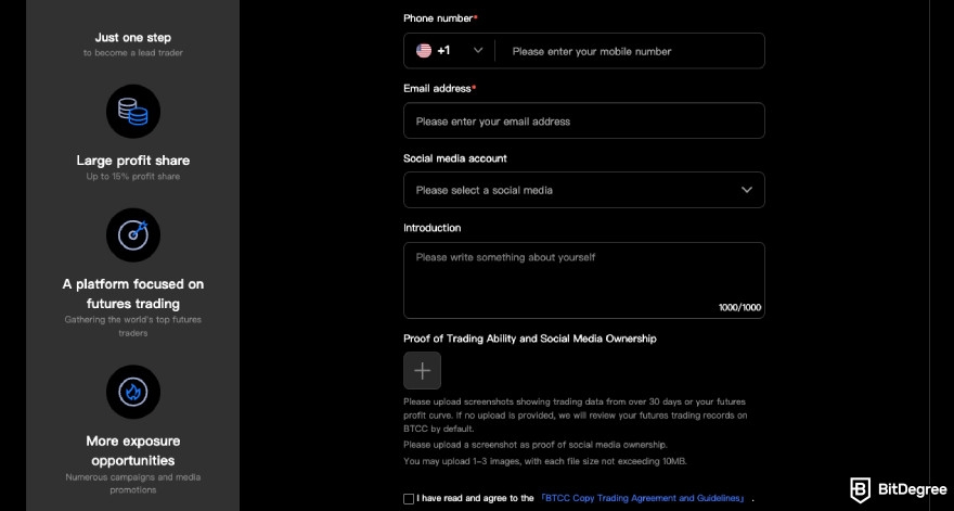 BTCC copy trading: the lead trader form.