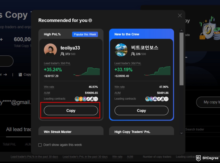 BTCC copy trading: select your lead trader from the available list.