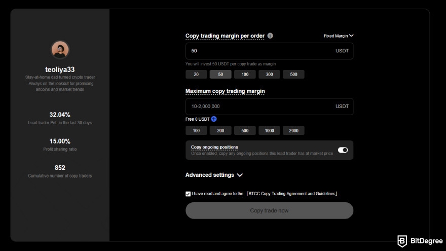 BTCC copy trading: adjust your copy trading setting.