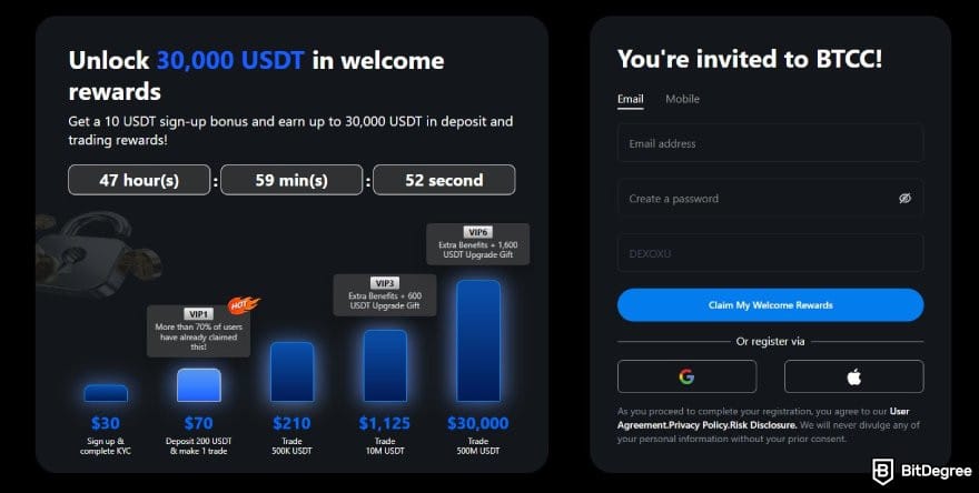 BTCC fees: the sign up page on BTCC. BTCC fees: the sign up page on BTCC.