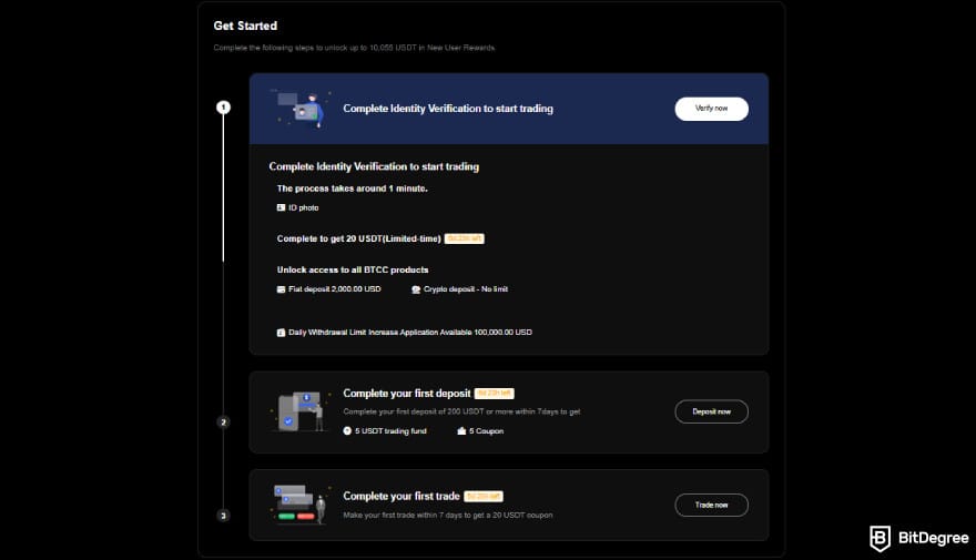 BTCC referral code: the Get Started page with all the tasks and rewards.