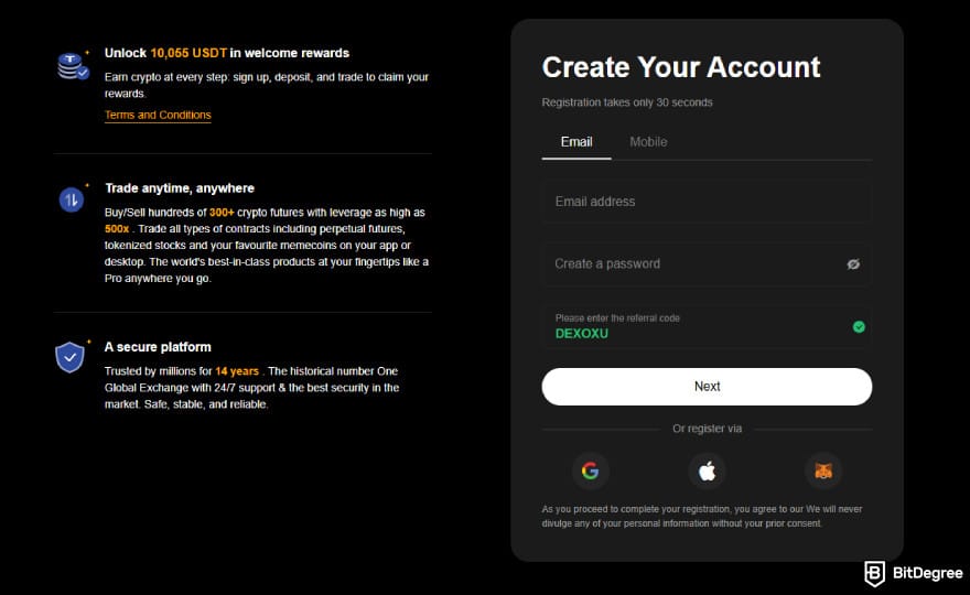 BTCC referral code: create your account with the DEXOXU code already applied.