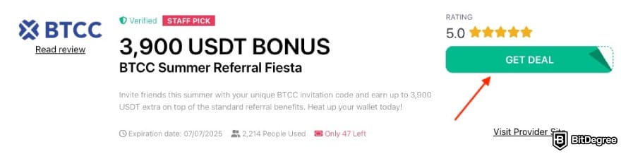 BTCC referral code: a red arrow pointing to the [GET DEAL] button on BitDegree's page.