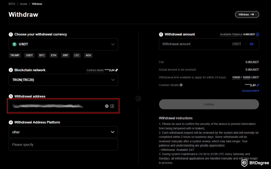 BTCC review: enter your withdrawal address.
