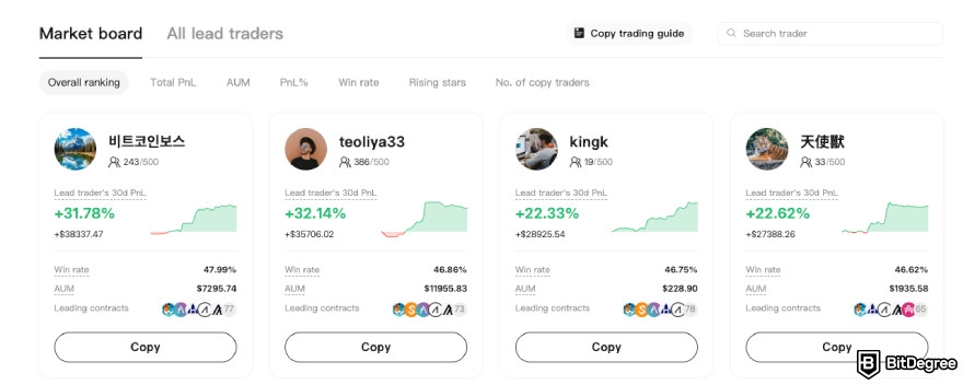 BTCC review: list of the platform's top-performing lead traders.