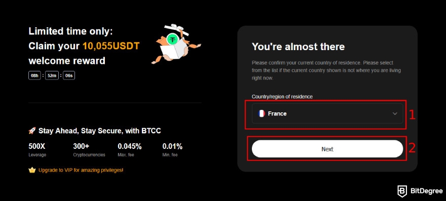 BTCC review: select your country of residence.