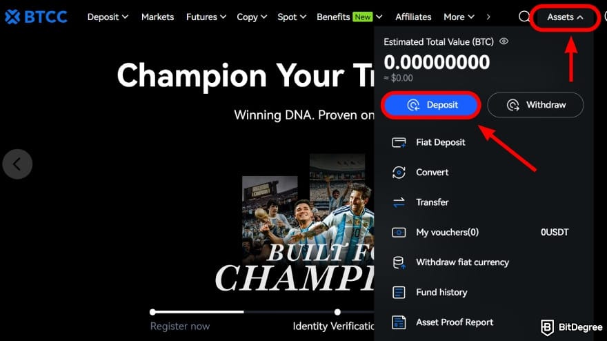How to use crypto exchange for beginners: access the deposit menu.