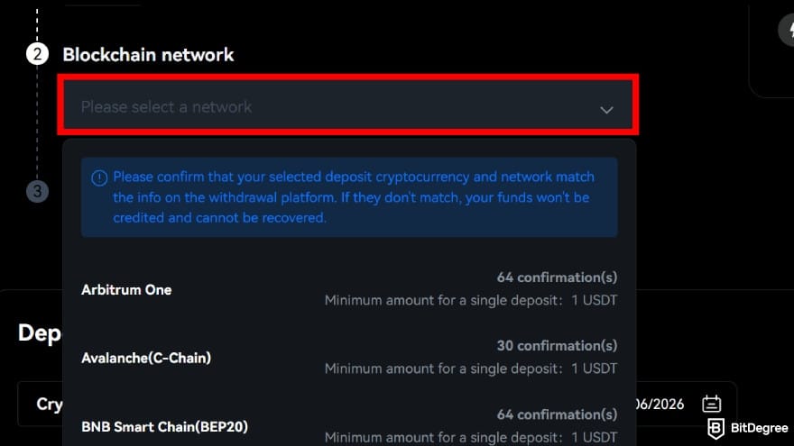 How to use crypto exchange for beginners: select the network.