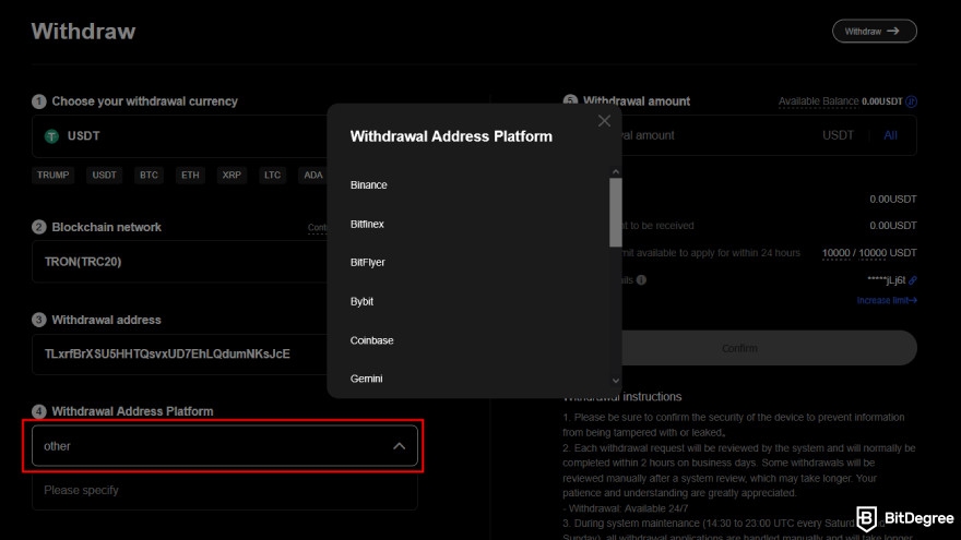 BTCC review: select the platform for withdrawal.