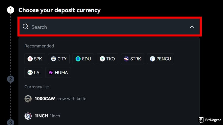 How to use crypto exchange for beginners: choose the deposit currency.