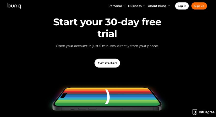 Bunq review: Bunq get started page. Bunq review: Bunq get started page.
