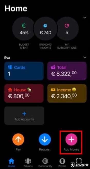 Bunq review: Bunq app homepage highlighting the [Add Money] option.