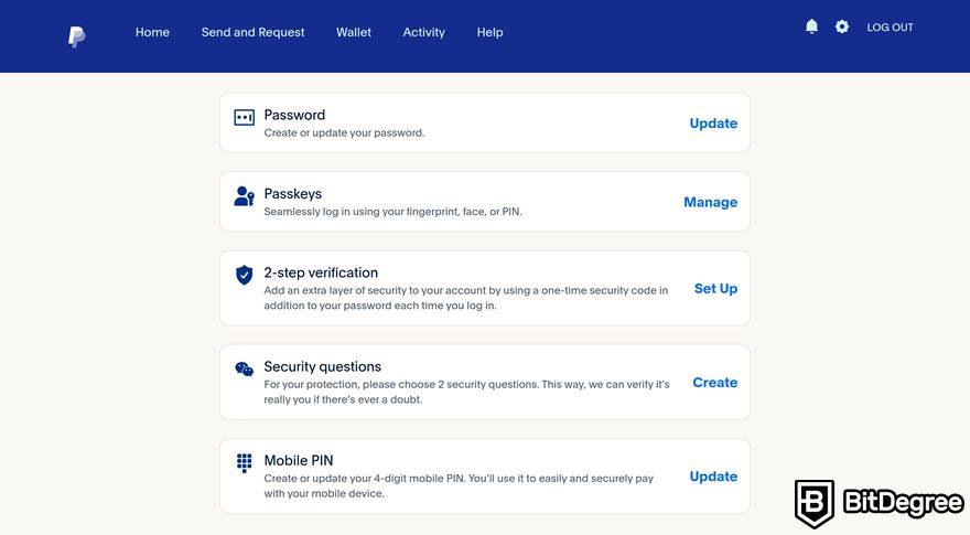 Buy crypto with PayPal: the PayPal's security settings.