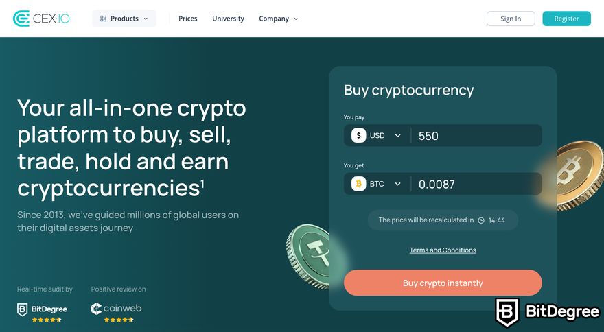 Buy crypto with PayPal: a preview of CEX.IO homepage.