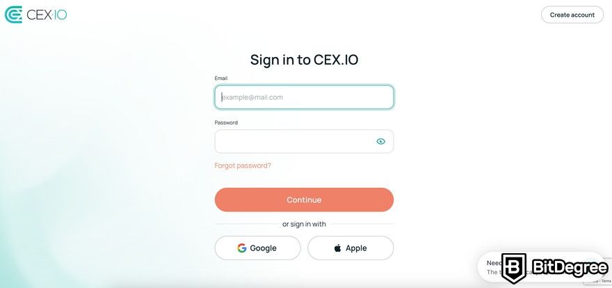 Buy crypto with PayPal: a preview of the CEX.IO's sign in page.