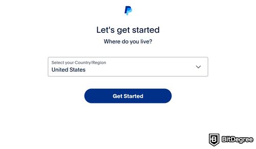 Buy crypto with PayPal: the Select your country/region page on PayPal registration page.