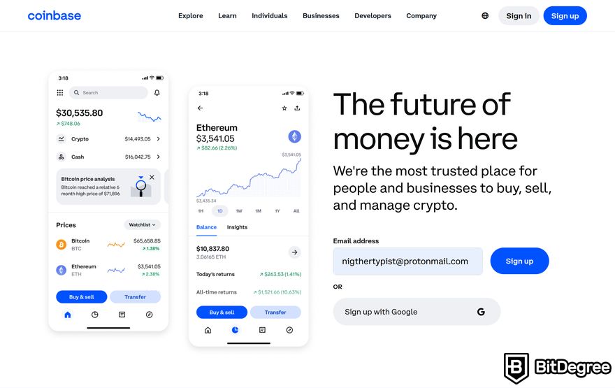 Buy crypto with PayPal: a preview of Coinbase homepage.