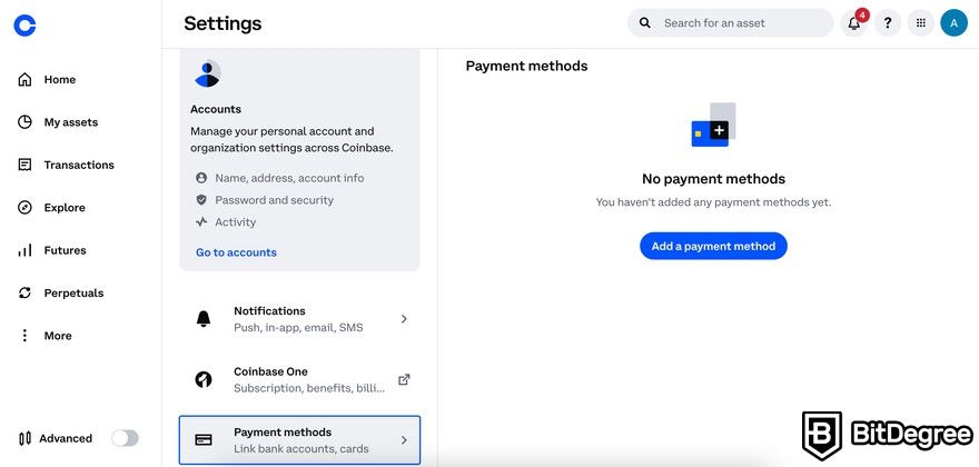 Buy crypto with PayPal: a preview of Coinbase dashboard showing the Payment methods section.