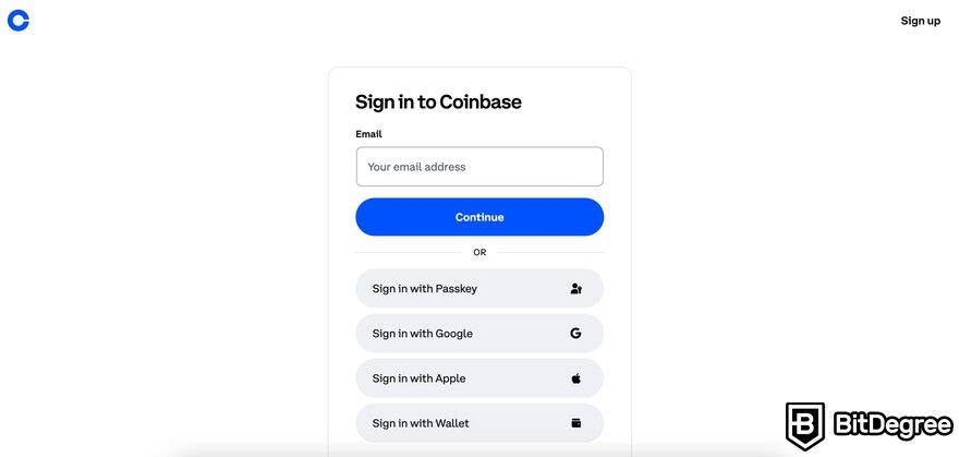 Buy crypto with PayPal: a preview of Coinbase's sign in page.