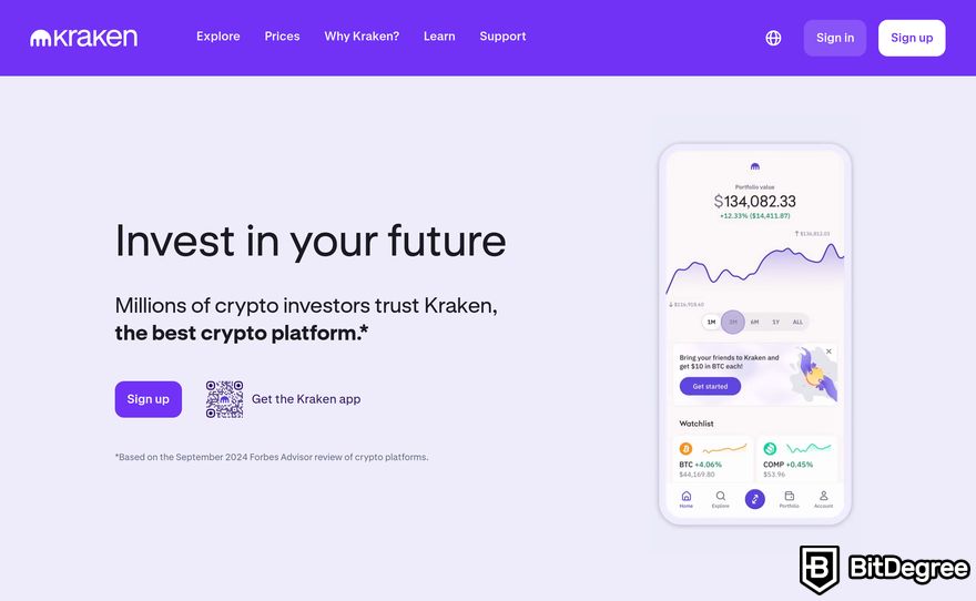 Buy crypto with PayPal: a preview of Kraken homepage.