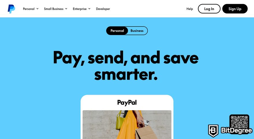 Buy crypto with PayPal: a preview of PayPal homepage.