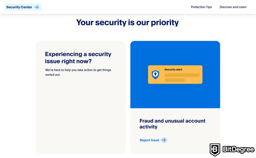 Buy crypto with PayPal: a preview of PayPal's security center page.