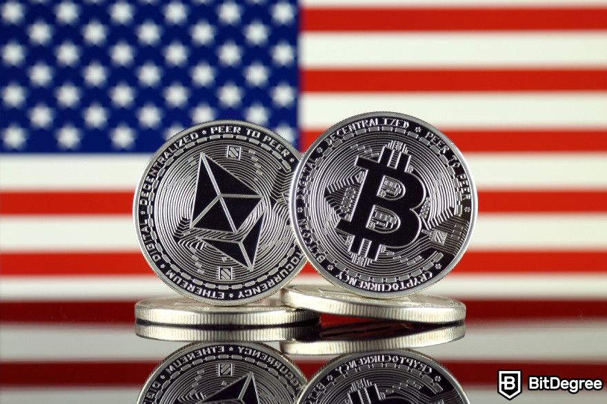 Buy Ethereum with PayPal: the US flag and crypto.