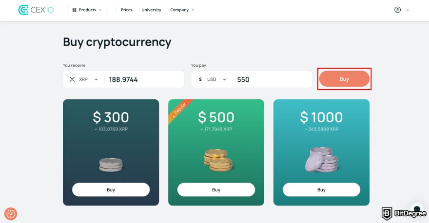 Buy XRP with PayPal: CEX.IO buy XRP page highlighting the [Buy] button.