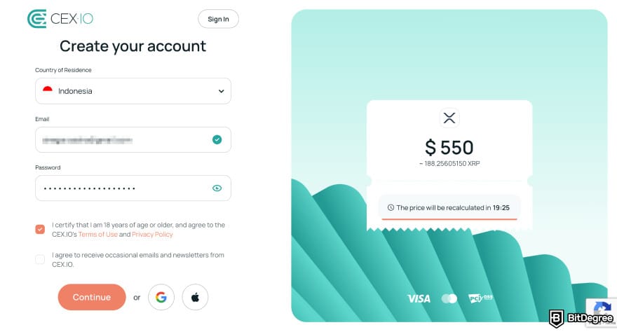 Buy XRP with PayPal: CEX.IO sign up page showing fields to add email and password.