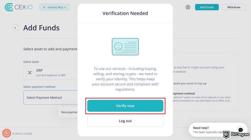 Buy XRP with PayPal: CEX.IO start account verification page highlighting the [Verify now] button.