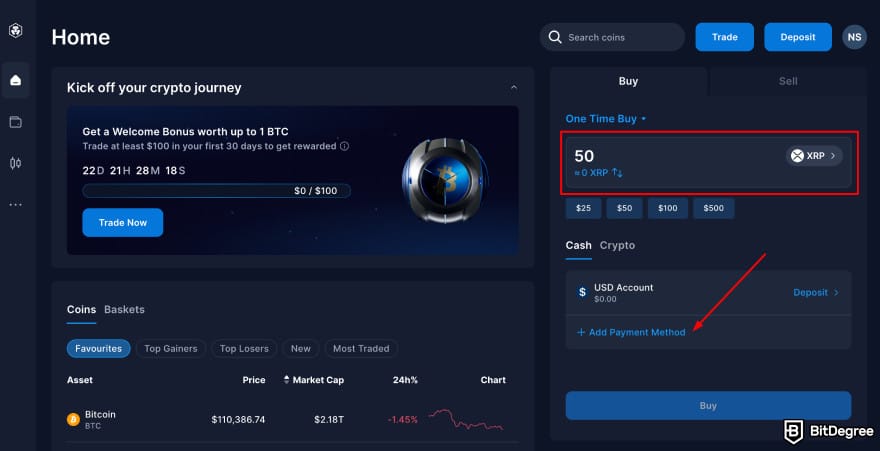 Buy XRP with PayPal: Crypto.com account homepage showing buy XRP and highlighting the [Add Payment Method] button.