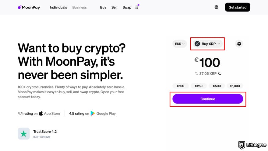 Buy XRP with PayPal: MoonPay buy crypto page set to XRP and highlighting the [Continue] button.
