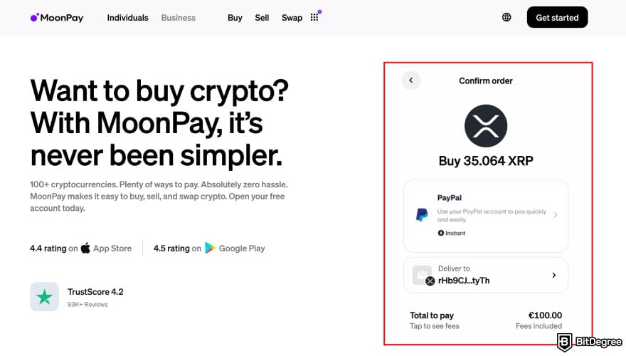 Buy XRP with PayPal: MoonPay buy XRP with PayPal showing the confirm order page.