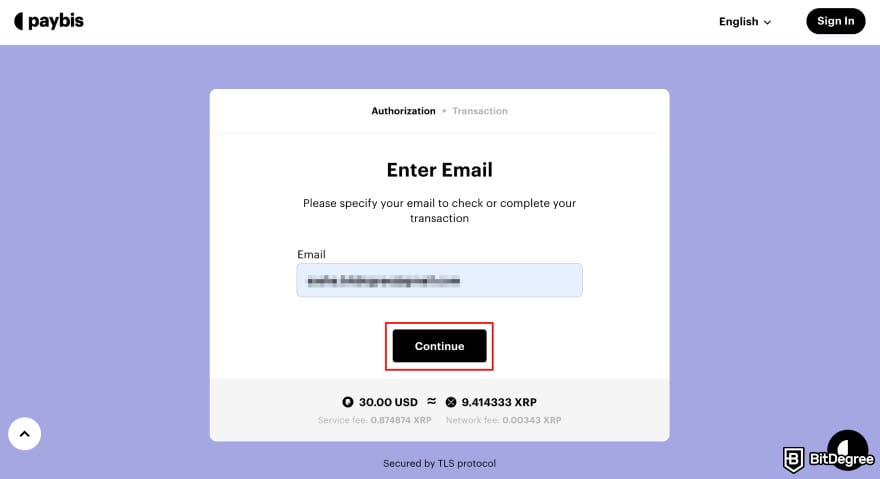 Buy XRP with PayPal: Paybis sign-up process of entering email address.