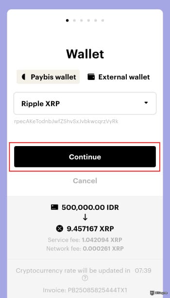 Buy XRP with PayPal: Paybis Wallet buy XRP process highlighting the [Continue] button.