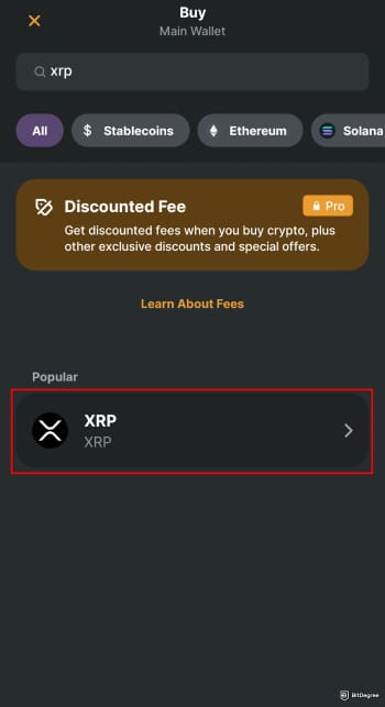 Buy XRP with PayPal: Zengo Wallet's buy XRP page highlight the search XRP option.