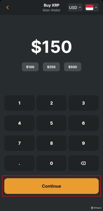 Buy XRP with PayPal: Zengo Wallet buy XRP process of adding the purchase amount and highlighting the [Continue] button.
