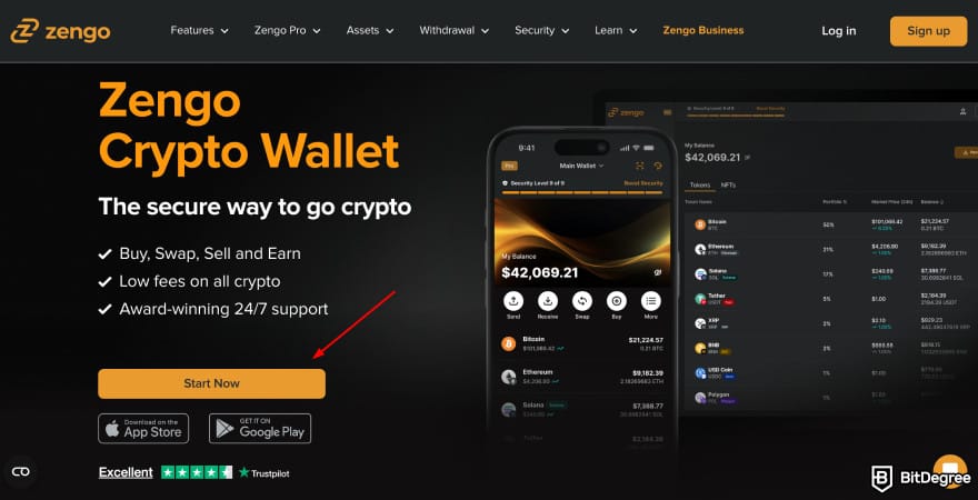 Buy XRP with PayPal: Zengo Wallet homepage highlighting the [Start Now] button.