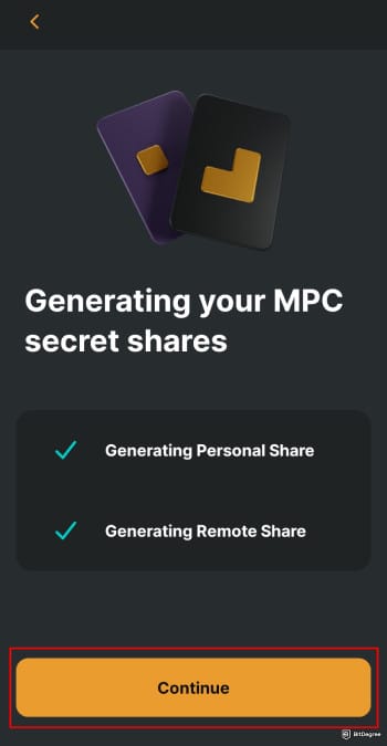 Buy XRP with PayPal: Zengo Wallet setup process of creating MPC and highlighting the [Continue] button.