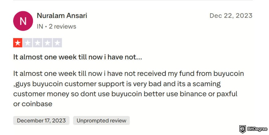 BuyUcoin review: bad feedback on Trustpilot.
