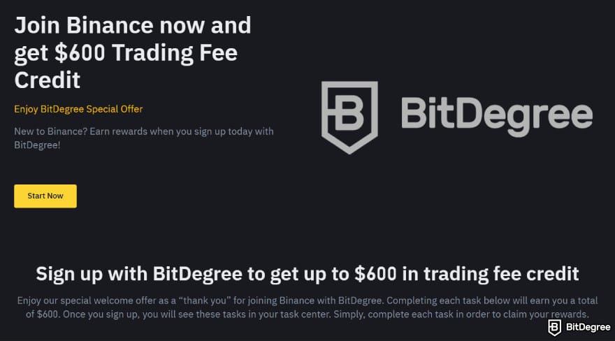 BuyUcoin review: Binance's promotional banner offering up to $600 in trading fee credit for new users.