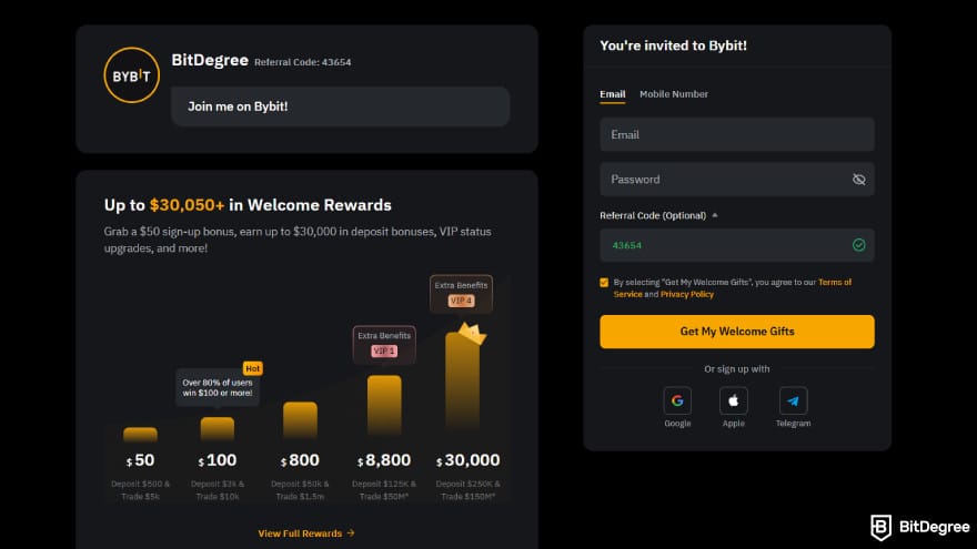 BuyUcoin review: Bybit sign-up promotion via BitDegree, offering up to $30,050 in welcome rewards.