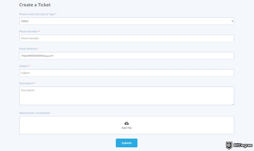 BuyUcoin review: ticketing system on the platform.