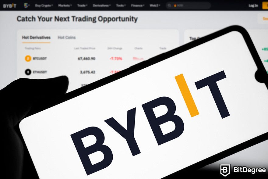 Bybit affiliate: a smartphone screen displaying the Bybit cryptocurrency exchange platform.