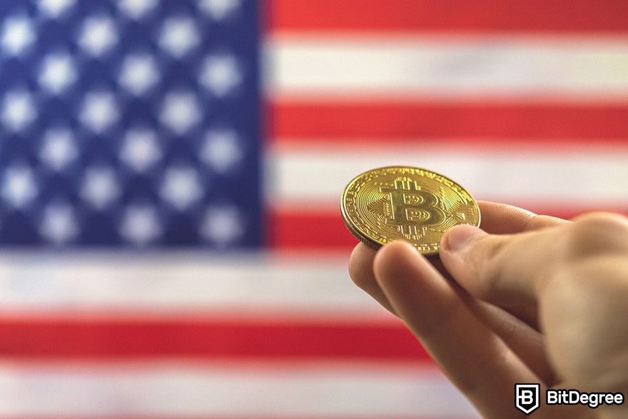 Bybit affiliate: a hand holding a BTC coin with the US flag in the background.