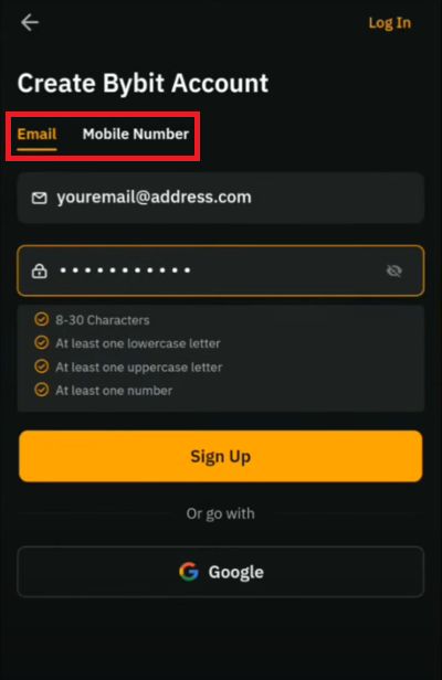 Bybit app review: create an account via email or phone.